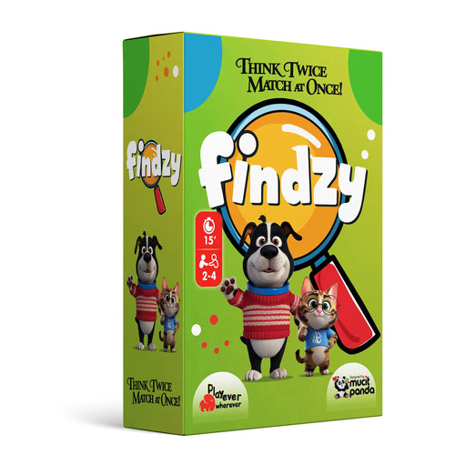 Findzy game box with cartoon characters and colorful design on a white background